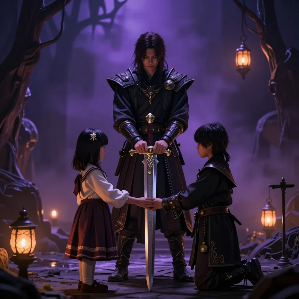 Shadowius MMORPG savaşçısı zırh ve kılıçla canavar sürüsü önünde dururken - görsel 3